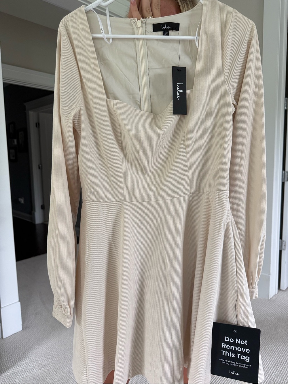 Lulu's Beige Long-Sleeve Sweetheart Skater Dress